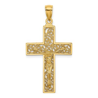14K Yellow Gold Textured Swirl Crucifix Charm
