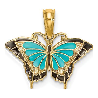 14K Yellow Gold Blue Enamel Butterfly Charm