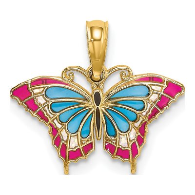 14K Yellow Gold Enameled Blue Red Butterfly Charm