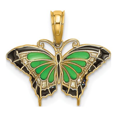 14K Yellow Gold Green Enamel Butterfly Charm