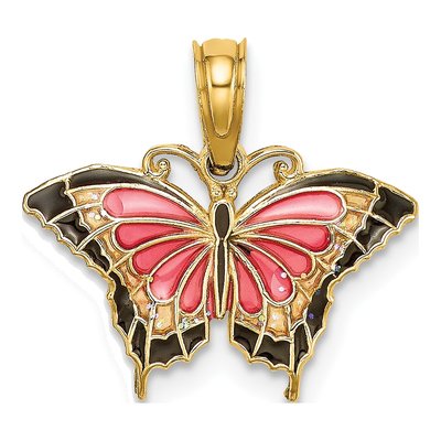 14K Yellow Gold Pink Enamel Butterfly Charm