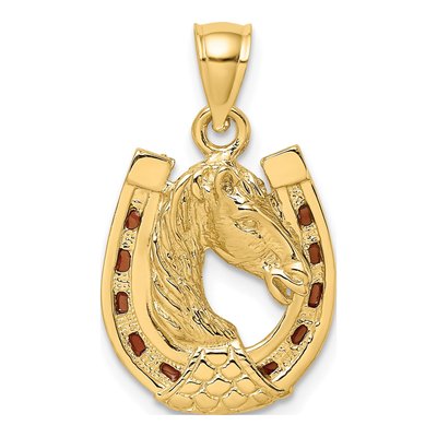 14K Yellow Gold Brown Enamel Horse Head Charm
