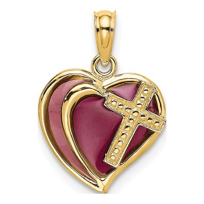 14K Yellow Gold Purple Enamel Cross Heart Charm