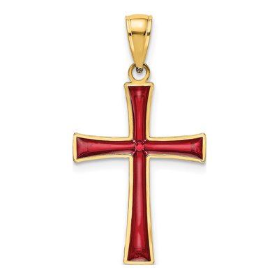 14K Yellow Gold Red Enameled Cross Charm