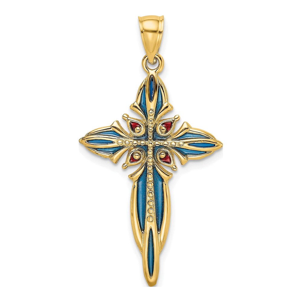 14K Yellow Gold Blue Red Enamel Cross Charm