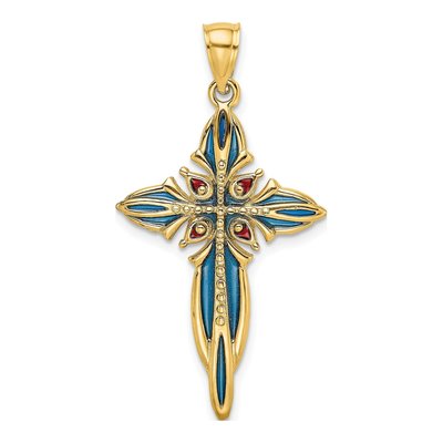 14K Yellow Gold Blue Red Enamel Cross Charm