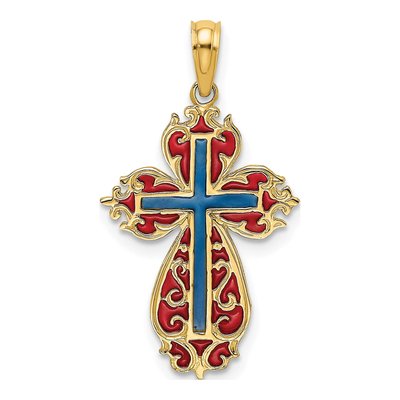 14K Yellow Gold Blue Red Enamel Cross Charm
