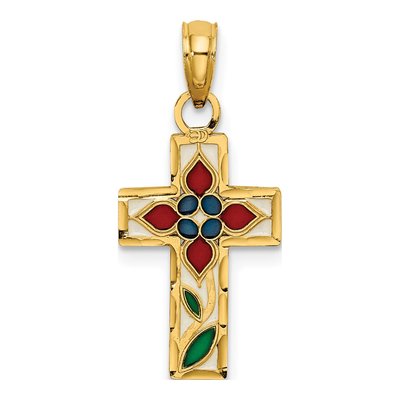 14K Yellow Gold Enameled Flower Cross Charm – view 5