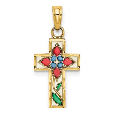 14K Yellow Gold Enameled Flower Cross Charm