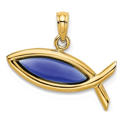 14K Yellow Gold Blue Enamel Ichthus Fish Charm