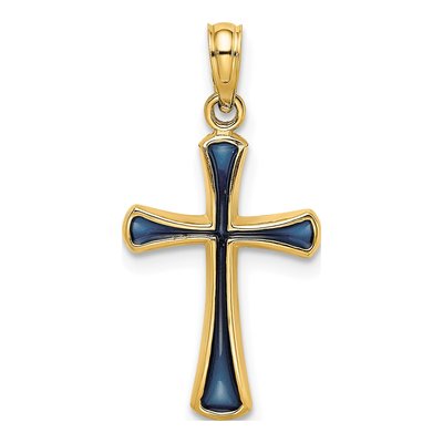 14K Yellow Gold Blue Enamel Cross Charm
