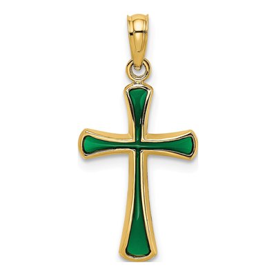 14K Yellow Gold Green Enamel Cross Charm