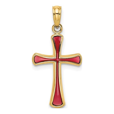 14K Yellow Gold Pink Enamel Tapered Cross Charm