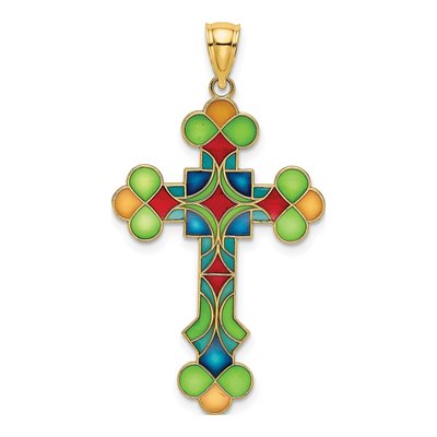 14K Yellow Gold Multi-Color Enamel Cross Charm