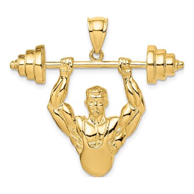 14K Yellow Gold Bodybuilder Barbell Pendant