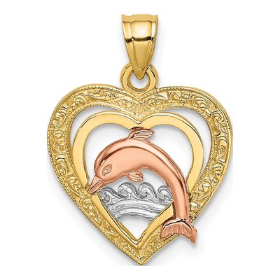 14K Two-Tone Gold Dolphin Heart Pendant