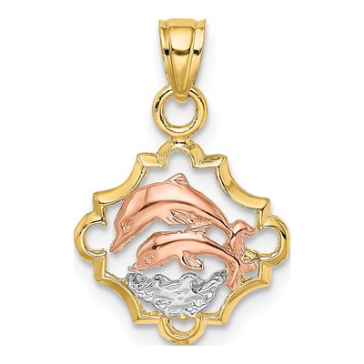 14K Two-Tone Gold Double Dolphins Frame Charm