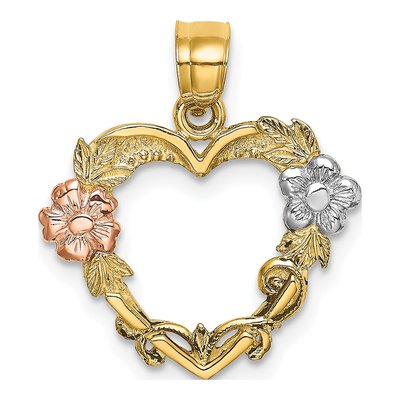 14K Two-Tone Gold Flower Heart Pendant