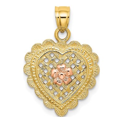 14K Two-Tone Gold Flower Heart Basket Charm