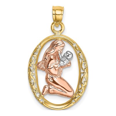 14K Two-Tone Gold Mother Baby Oval Frame Charm