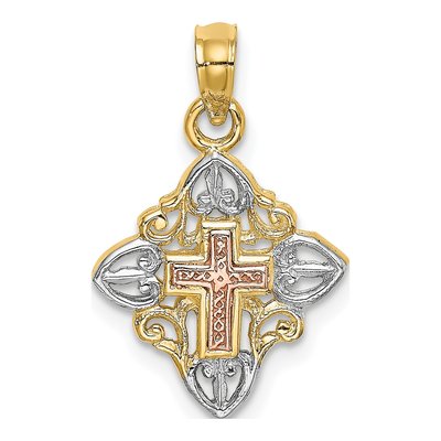 14K Two-Tone Gold Cross Inside Frame Pendant