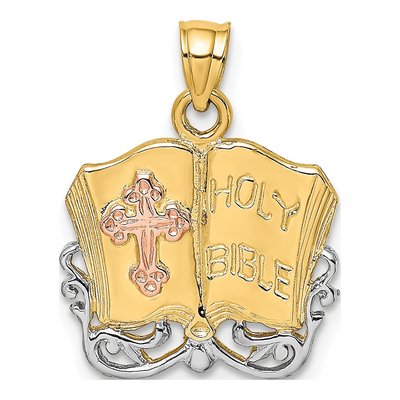 14K Two-Tone Gold Open Holy Bible Cross Charm