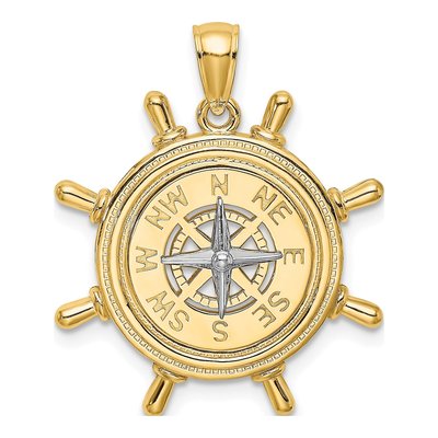 14K Two-Tone Gold Ships Wheel Compass Pendant