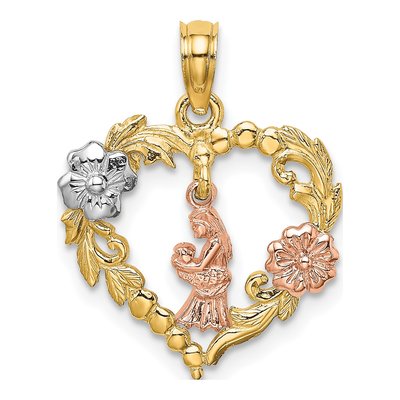 14K Two-Tone Gold Mother Baby Heart Pendant
