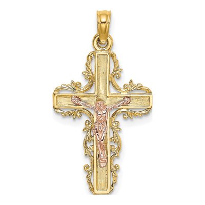 14K Two-Tone Gold Lace Trim Crucifix Charm