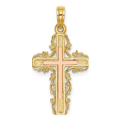 14K Two-Tone Gold Lace Trim Cross Pendant