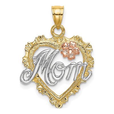 14K Two-Tone Gold MOM Heart Flower Pendant