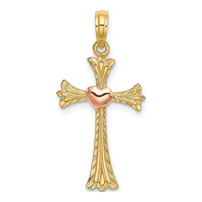14K Two-Tone Gold Textured Cross Heart Charm