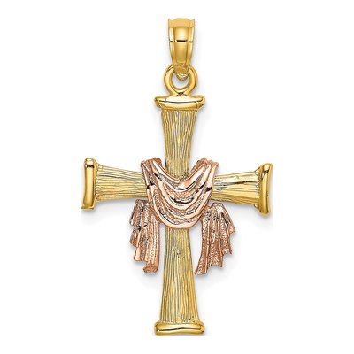 14K Two-Tone Gold Textured Cross Drape Charm