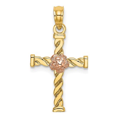 14K Two-Tone Gold Twisted Cross Flower Charm
