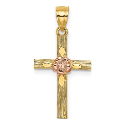 14K Two-Tone Gold Textured Cross Flower Charm