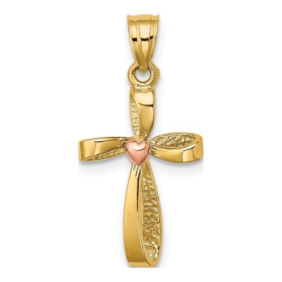 14K Two-Tone Gold Twisted Cross Heart Charm