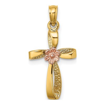 14K Two-Tone Gold Twisted Cross Flower Pendant