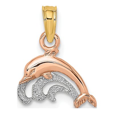 14K Two-Tone Gold Dolphin Wave Pendant