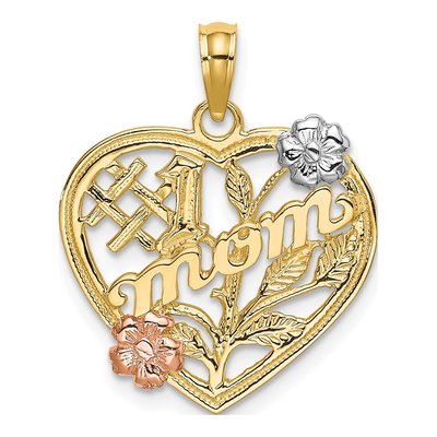 14K Two-Tone Gold MOM Heart Flower Number 1 Pendant