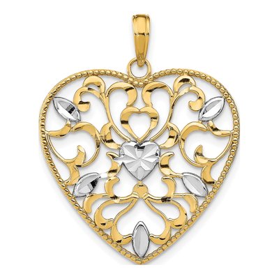 14K Yellow Gold Filigree Leaf Heart Charm