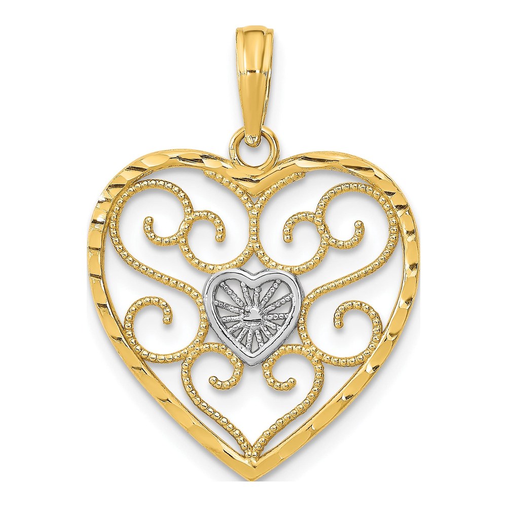14K Yellow & Rhodium Filigree Heart Charm