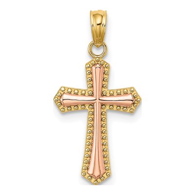 14K Two-Tone Gold Beaded Cross Pendant