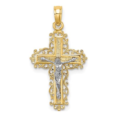 14K Two-Tone Gold Textured Lace Crucifix Charm