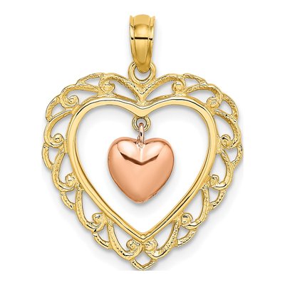 14K Two-Tone Gold Dangling Heart Charm