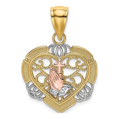 14K Two-Tone Gold Praying Hands Cross Heart Charm