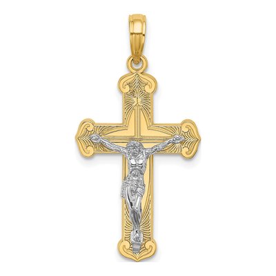 14K Two-Tone Gold Engraved Crucifix Pendant