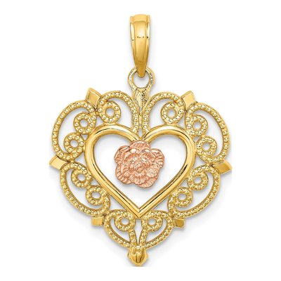 14K Two-Tone Gold Flower Heart Pendant