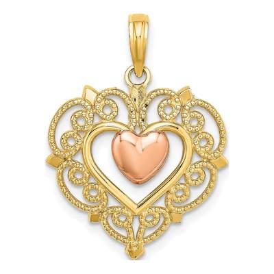 14K Two-Tone Gold Heart Lace Pendant