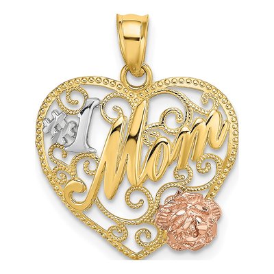 14K Two-Tone Gold MOM Flower Heart Number 1 Pendant