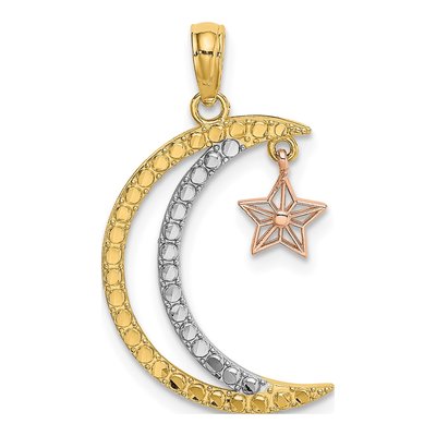 14K Two-Tone Gold Moon Moveable Star Pendant